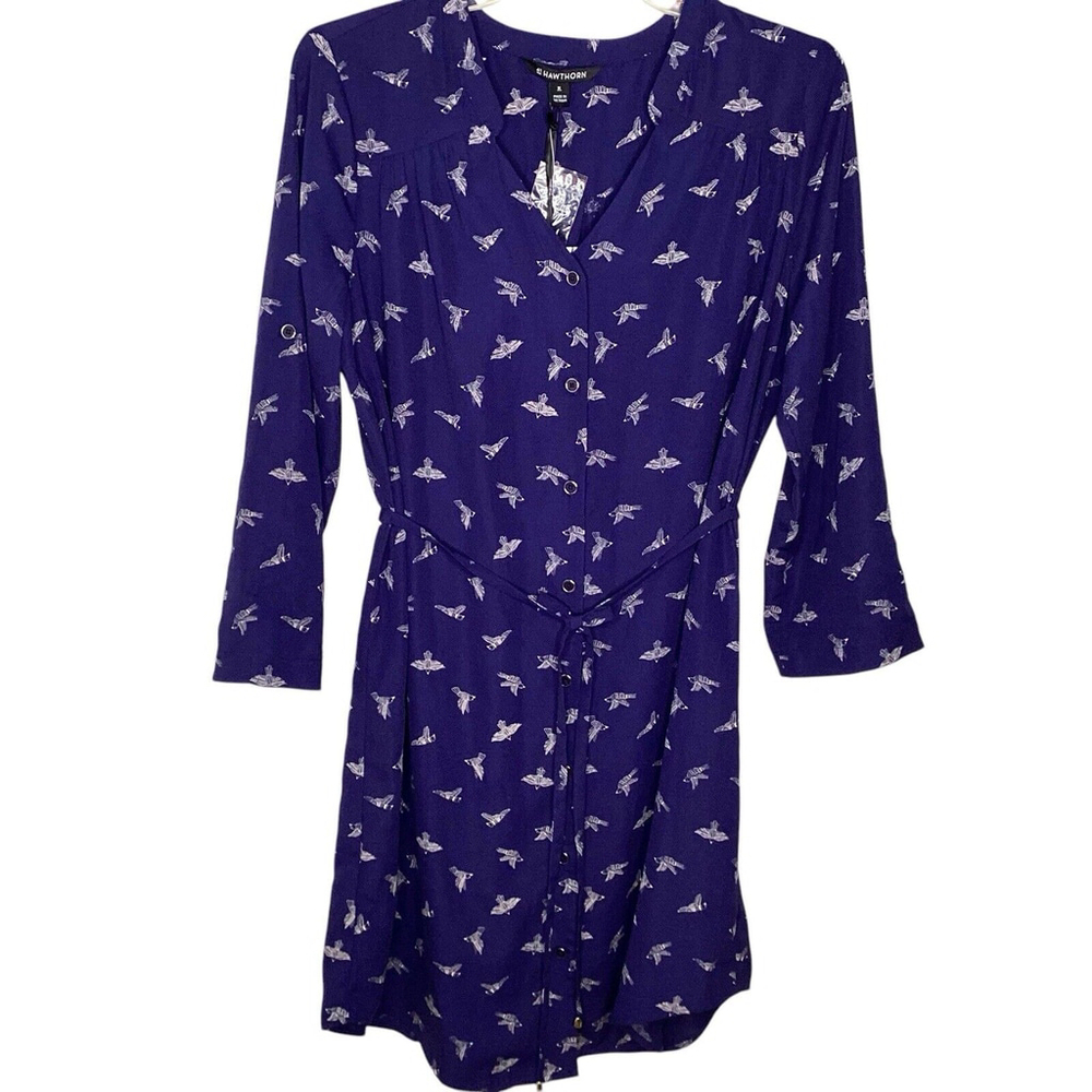 41 Hawthorn Cristin Shirt Dress Sz M Blue Button Down Belt Print Birds Ducks New
